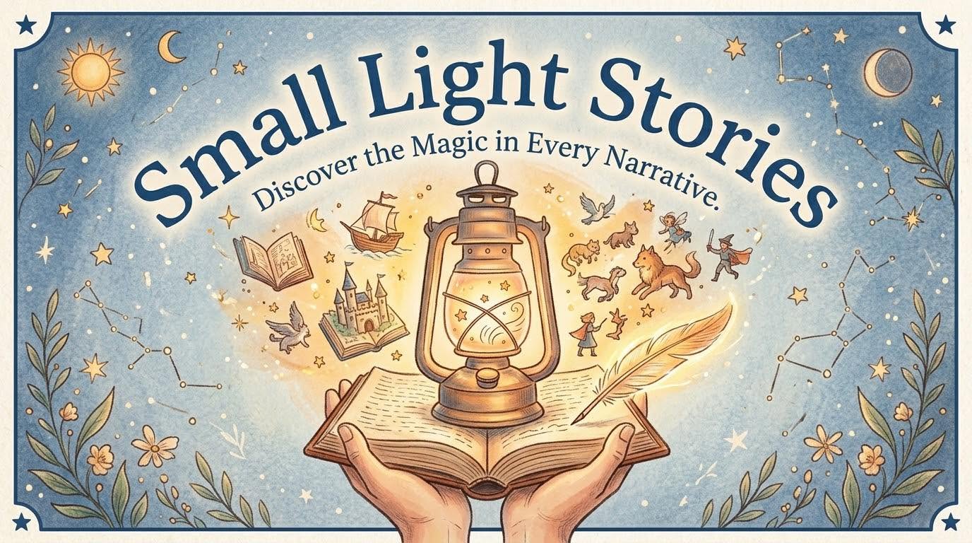 A lantern glowing over a book, surrounded by illustrated worlds